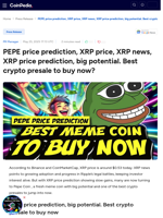 PEPE price prediction, XRP price, XRP news, big potential. Best crypto presale to buy now?  Pepeto a game-changer.