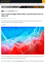 Cysic crypto bridge halted after unauthorized minting