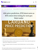 ADA price prediction, ETH latest news as RTX enters beta testing for next-gen Web3 wallet - CoinJournal