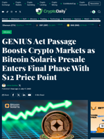 GENIUS Act Passage Boosts Crypto Markets as Bitcoin Solaris Presale Enters Final Phase With $12 Price Point - Crypto Daily