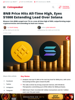 BNB Hits ATH, Eyes $1,000 as It Widens Gap Over Solana”