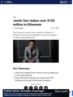Justin Sun stakes over $150 million in Ethereum