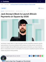 Jack Dorsey’s Block to Launch Bitcoin Payments on Square by 2026