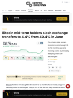 Bitcoin mid-term holders slash exchange transfers to 4.4% from 40.4% in June
