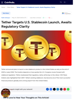 Tether Targets U.S. Stablecoin Launch, Awaits Regulatory Clarity