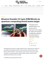 Binance founder CZ eyes $1M Bitcoin as quantum computing threat looms larger