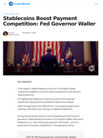 Stablecoins Boost Payment Competition: Fed Governor Waller