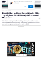 $1.46 Billion in Mere Days: Bitcoin ETFs Log Highest 2026 Weekly Withdrawal - U.Today
