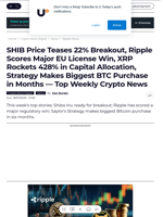 SHIB Price Teases 22% Breakout, Ripple Scores Major EU License Win, XRP Rockets 428% in Capital Allocation, Strategy Makes Biggest BTC Purchase in Months — Top Weekly Crypto News - U.Today