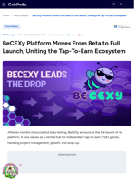 BeCEXy Platform Moves From Beta to Full Launch, Uniting the Tap-To-Earn Ecosystem