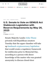 U.S. Senate to Vote on GENIUS Act Stablecoin Legislation with Reserve Requirements by May 26, 2025 - 