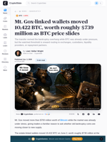 Mt. Gox-linked wallets moved 10,422 BTC, worth roughly $739 million as BTC price slides