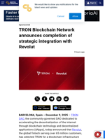 TRON Blockchain Network announces completion of strategic integration with Revolut