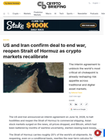 US and Iran confirm deal to end war, reopen Strait of Hormuz as crypto markets recalibrate