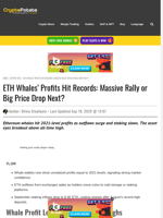 ETH Whales’ Profits Hit Records: Massive Rally or Big Price Drop Next?