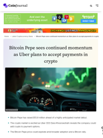 Bitcoin Pepe sees continued momentum as Uber plans to accept payments in crypto - CoinJournal