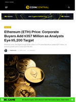 Ethereum (ETH) Price: Corporate Buyers Add $357 Million as Analysts Eye $5,200 Target - CoinCentral