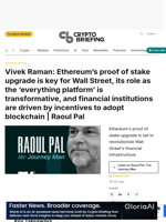 Vivek Raman: Ethereum's proof of stake upgrade is key for Wall Street, its role as the 'everything platform' is transformative, and financial institutions are driven by incentives to adopt blockchain | Raoul Pal