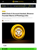 BNB Chain X Account Hacked, Binance Founder Warns of Phishing Links - CoinCentral