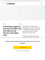 GameStop (GME) Urged to Convert Its $5B Cash Into Bitcoin by Strive's CEO Matt Cole