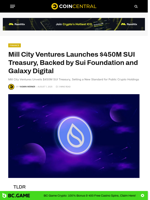 Mill City Ventures Launches $450M SUI Treasury, Backed by Sui Foundation and Galaxy Digital