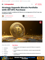 Strategy Expands Bitcoin Portfolio with 397 BTC Purchase - Coinspeaker