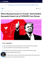 Who’s Buying Access to Trump? Jamie Raskin Demands Guest List of $TRUMP Coin Dinner