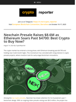 Nexchain Presale Raises $8.6M as Ethereum Soars Past $4700: Best Crypto to Buy Now?