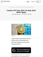 Cardano SPO Says ADA Can Rally 300% Within Weeks