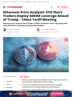 Ethereum Price Analysis: ETH Short Traders Deploy $650M Leverage Ahead of Trump - China Tariff Meeting - Coinspeaker