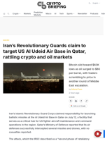 Iran's Revolutionary Guards claim to target US Al Udeid Air Base in Qatar, rattling crypto and oil markets