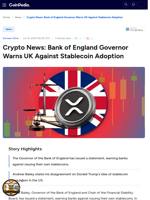 Crypto News: Bank of England Governor Warns UK Against Stablecoin Adoption
