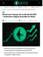 Ethereum Jumps 6% to Break $3,100 Amid Bullish Indicators