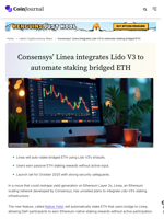 Consensys’ Linea integrates Lido V3 to automate staking bridged ETH - CoinJournal