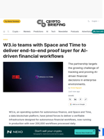 W3.io teams with Space and Time to deliver end-to-end proof layer for AI-driven financial workflows