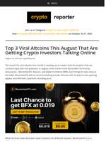 Top 3 Viral Altcoins This August That Are Getting Crypto Investors Talking Online