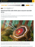 Robinhood Backs New DEX Arcus in Partnership With dYdX
