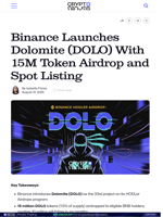 Binance Launches Dolomite (DOLO) With 15M Token Airdrop and Spot Listing