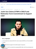 Justin Sun Claims $178M in $WLFI Tokens, Still Holds $891 Million