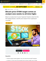 Watch NVT Tool for $150,000 BTC Price, Analysis Says