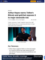 Arthur Hayes warns Tether's Bitcoin and gold bet exposes it to major downside risk