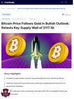 Bitcoin Price Follows Gold in Bullish Outlook; Retests Key Supply Wall of $117.5k