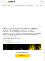 The U.S. government moves $606,000 in bitcoin linked to the 2016 Bitfinex hack to Coinbase