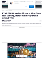 7,798 ETH Moved to Binance After Two-Year Staking, Here's Who May Stand Behind This - U.Today