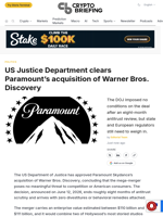 US Justice Department clears Paramount's acquisition of Warner Bros. Discovery