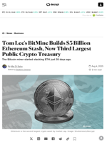 Tom Lee's BitMine Builds $3 Billion Ethereum Stash, Now Third Largest Public Crypto Treasury - Decrypt
