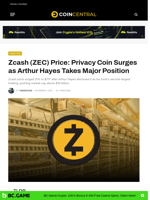 Zcash (ZEC) Price: Privacy Coin Surges as Arthur Hayes Takes Major Position - CoinCentral