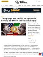 Trump says Iran deal to be signed on Sunday as Bitcoin climbs above $63K