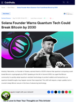 Solana Founder Warns Quantum Tech Could Break Bitcoin by 2030