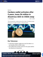 Cardano wallet activates after 5 years, loses $6 million in disastrous ADA-to-USDA swap